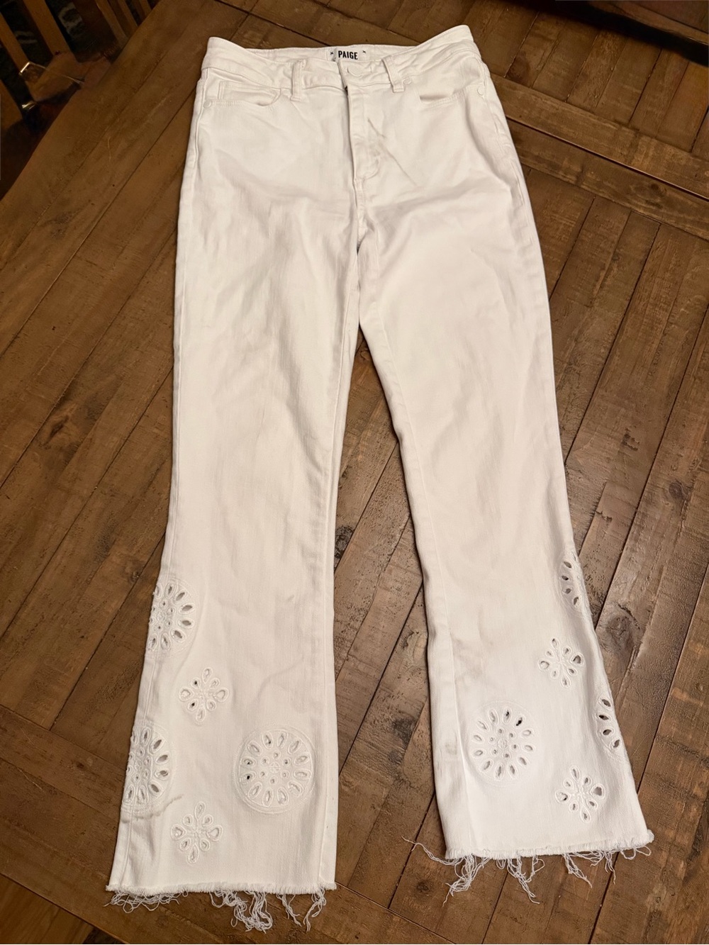 PAIGE White Eyelet Embroidered Flare Jeans